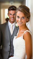 Portrait of beautiful bride and groom looking at camera in the doorway