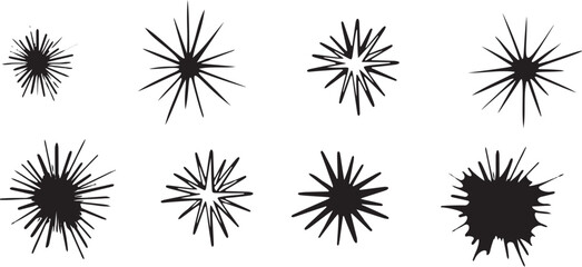 Clipart image in pop art style of blob, star, flash drawn by hand ink style minimalism. Set simple objects signs for design. Spiny sea urchin, cartoon explosion symbol. Abstract symbols for decoration