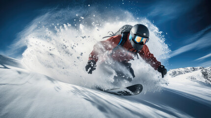 Naklejka na ściany i meble Intense snowboarding moment on a steep snowy terrain in high resolution