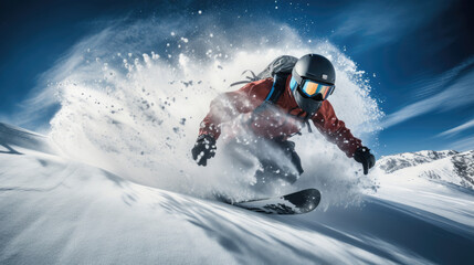 Intense snowboarding moment on a steep snowy terrain in high resolution