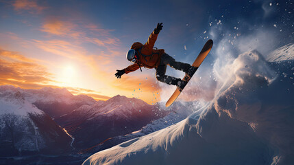 Naklejka premium Snowboarder launching off a feature against snow-covered peaks at sunset