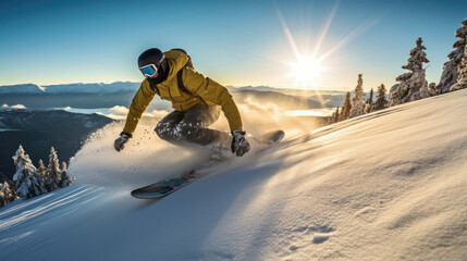Snowboarder on a wide slope early morning light casting shadows - obrazy, fototapety, plakaty