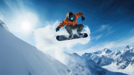 Dynamic method grab by snowboarder contrasting against snowy landscape