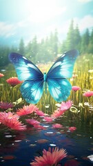 A 3d abstraction butterfly in a peaceful meadow, its wings echoing the colors of the surrounding nature.