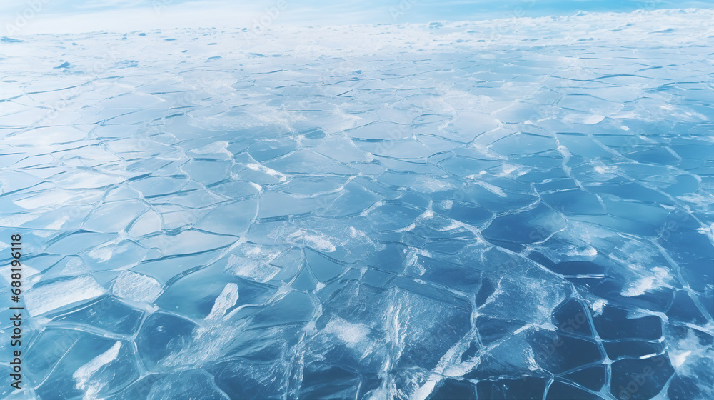 Aufkleber patterns of melting ice on a frozen lake at winter dusk background