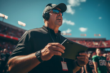 Close-up of a coach wearing a cap and T-shirt watching the game on the field. Takes notes on a tablet. Team players in the background. The coach studies the game strategy.