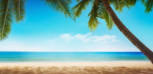 Fototapeta premium Tropical beach with fine sand, some palms near, calm sea with clear sky above. Empty copy space template for vacation or holiday product. Generative AI