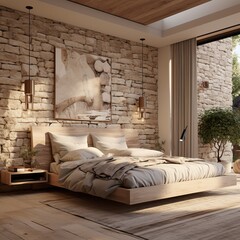 3D rendering cozy bedroom is in the attic of a chalet. Huge bed with numerous pillows is dominates the room. The interior is decorated with wood and natural materials.