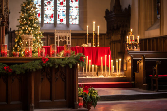 Church decorated for Christmas. Beautiful Christmas setting in church with green fir tree branches, garlands, burning candles, decorations
