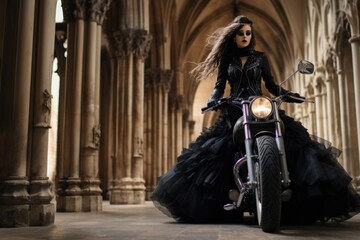 Gothic bride on a motorcycle inside the Cloister of a Gothic Cathedral