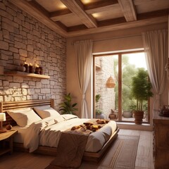 The interior design of loft bedroom and red brick texture wall and sea view / 3D rendering new scene