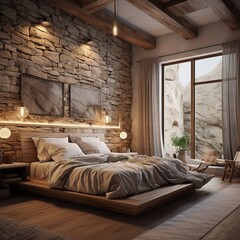 The interior design of loft bedroom and red brick texture wall and sea view / 3D rendering new scene