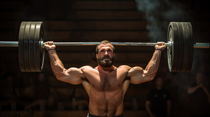 Weightlifter in snatch barbell mid-air contrasting gym background
