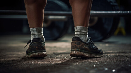 Weightlifter's feet firmly planted determination in stance gym texture detail