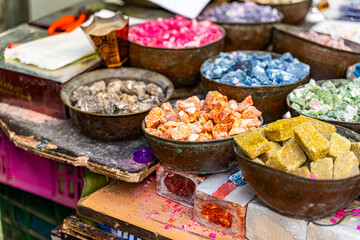Bowls with different types of incense at a market in Jerusalem, Israel