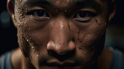 Close-up of weightlifter's effort intense eyes commitment to challenging lift