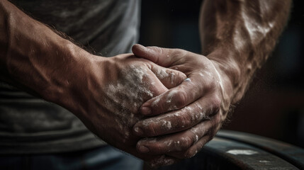 Close-up of weightlifter's hands on barbell chalk dust gripping texture