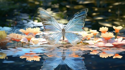 A 3d abstraction butterfly with iridescent wings resting by a tranquil garden pond, surrounded by water lilies. - obrazy, fototapety, plakaty