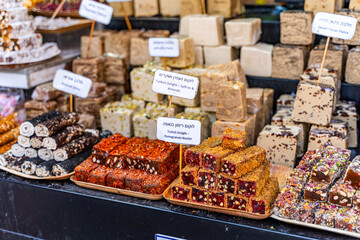 Turkish Delight - Oriental sweets are offered at the Carmel Market in Tel Aviv, Israel