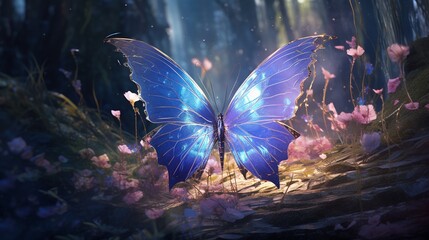 A 3d abstraction butterfly with shimmering wings, resting on a delicate bluebell in a sunlit glade.