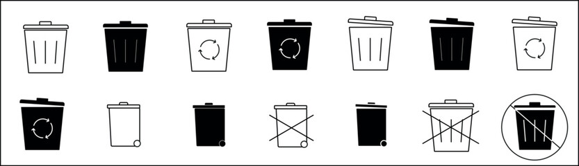 set of black and white trash cans