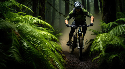 Exciting shot of a biker in a sharp turn vibrant greenery around