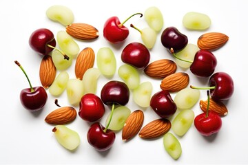 Overhead view on white background of red cherries, grapes and almonds