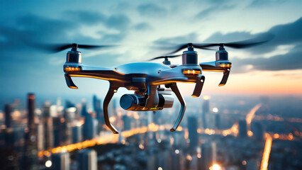 Autonomous drone flying above skyscrapers at night in future city