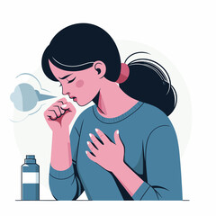 woman coughing holds chest vector illustrations on white background