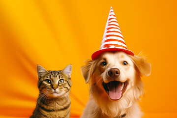 A dog in a festive cap and a cat on a bright yellow background.