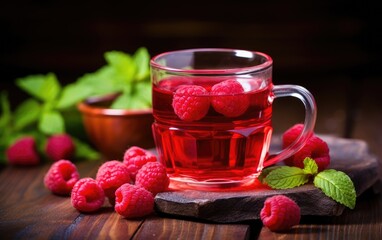 Fruit tea with raspberry and mint on a wooden table