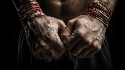 Close-up of boxer's taped fists highlighting wrap detail and hand protection
