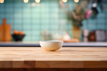 Direct view of a wooden kitchen countertop with a bowl against a blurred view of the interior. - obrazy, fototapety, plakaty
