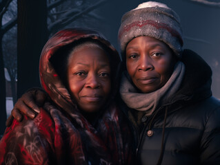 Fototapeta premium black grandmother with black granddaughter on the street, sunny weather.