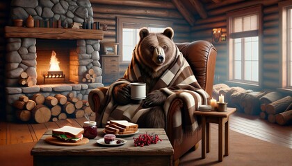Bear enjoying drink, sitting in armchair with blanket, beside fireplace. In a warm room, a bear relaxes in a chair near the fireplace. - obrazy, fototapety, plakaty