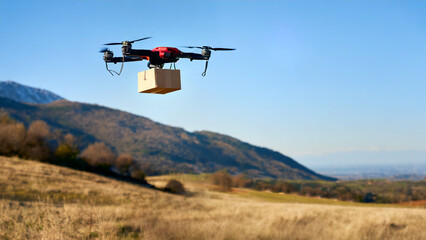 Fototapeta na wymiar The cargo drone carrying a small cardboard box and flying over a mountainous landscape, Hyper realistic photo. 