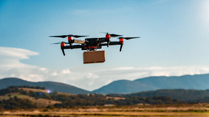 Fototapeta na wymiar A beautiful landscape with green fields, mountains, and a blue sky, featuring a drone carrying a box, highlighting the coexistence of nature and advanced technology, Hyper realistic photo.
