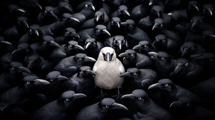 A white crow among black crows. The concept of being different. Not like everyone else. Loneliness. Isolation, one amidst the crowd.