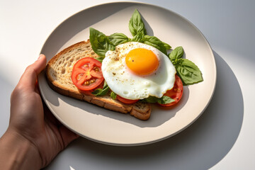 A slice of white bread with a fried egg, tomatoes and fresh basil on a plate held by a man on a light table.generative ai