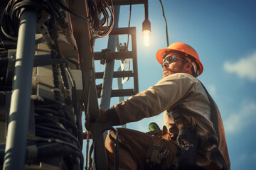 A worker uses climbing equipment to scale a utility pole or utility pole. Electrician in protective helmet and glasses on a pole with wires, close up view.generative ai - obrazy, fototapety, plakaty