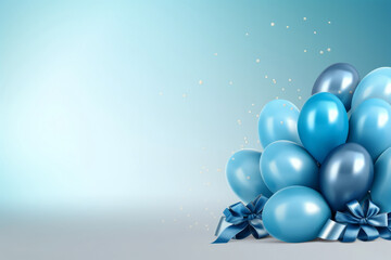 Beautiful semi-blank blue birthday or Christmas background with balloons on the right side with space for text or inscriptions and product.Product place.generative ai - obrazy, fototapety, plakaty
