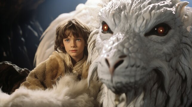 A young boy is sitting next to a large white dragon. Generative AI.