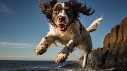 A dog jumping into the air over the ocean. Generative AI. - obrazy, fototapety, plakaty
