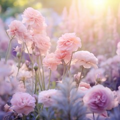 A dreamy spring garden with a soft focus and pastel colors, i