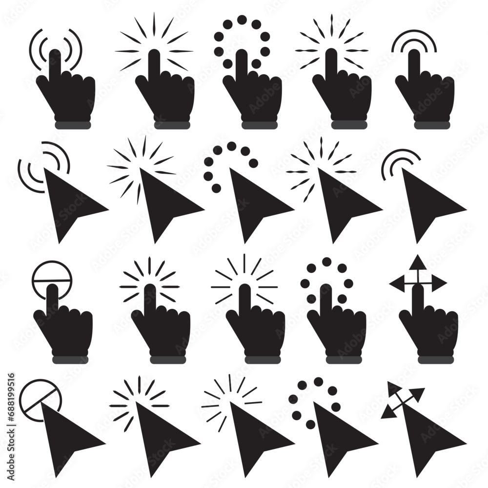 Poster pointer click icon set of 20. clicking cursor, pointing hand clicks and waiting loading icons. websi