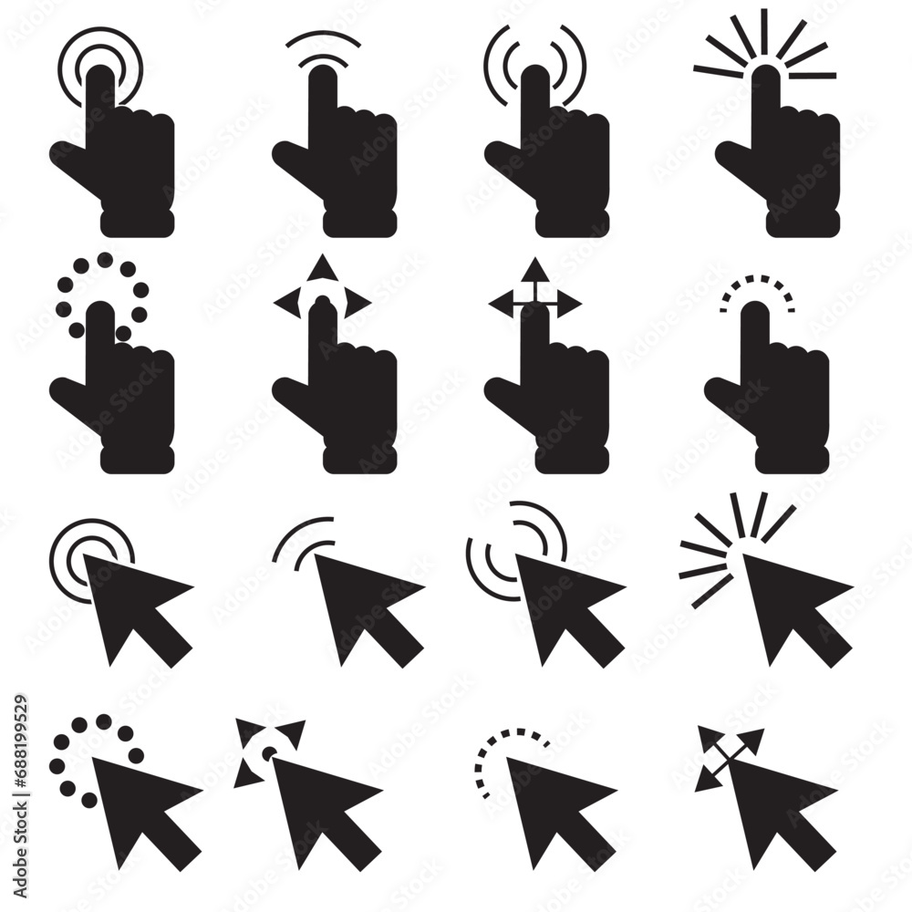 Poster pointer click icon set of 16. clicking cursor, pointing hand clicks and waiting loading icons. websi