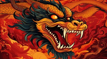 A fierce red and black Chinese dragon,