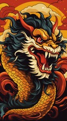 A fierce red and black Chinese dragon,