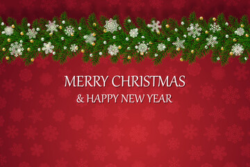 Fototapeta premium Christmas banners with decorated branches. With snow on a red background. Festive header design. Concept for holiday, winter holidays, New Year, Christmas
