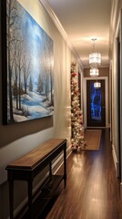 A hallway adorned with winter-themed artwork and decor,